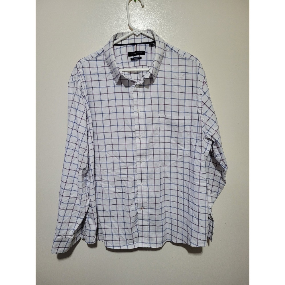 Tommy Hilfiger Button Down Shirt Mens 2XL White Navy Check  Stretch‎